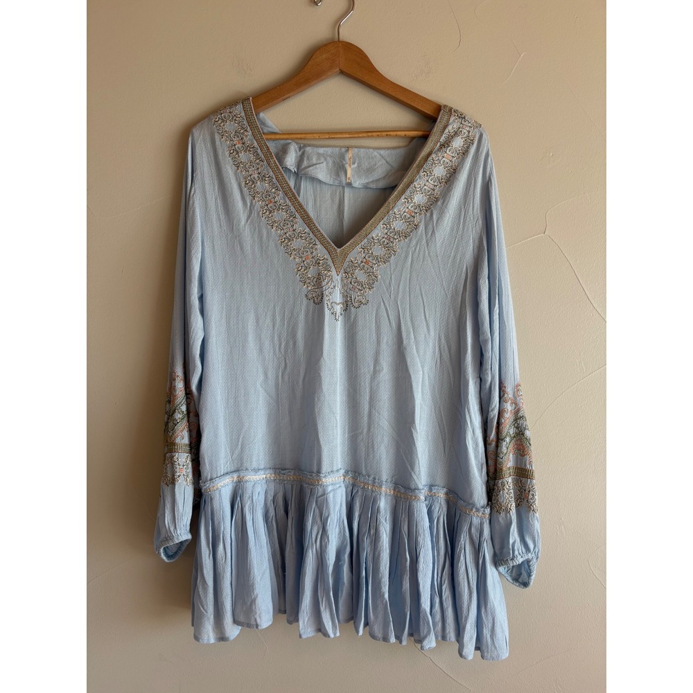 Free People Wild One Mini Dress Embroidered Peplum Tunic XS Boho Balloon Sleeve